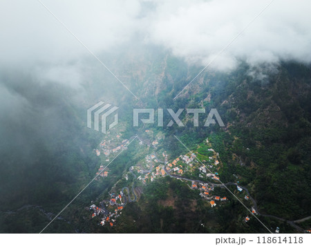 Aerial view of Curral das Freiras village. Miradouro da Eira do Serrado, Madeira, Portugal Aerial view of Curral das Freiras village. Miradouro da Eira do Serrado, Madeira, Portugal 118614118