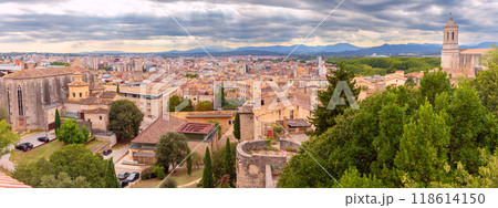 Panoramic View of Girona City with Cathedral and Monastery, Catalonia, Spain Panoramic View of Girona City with Cathedral and Monastery, Catalonia, Spain 118614150