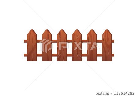 Wooden fence vector flat illustration, picket, garden timber barrier, cartoon backyard border from brown lumber boards 118614282