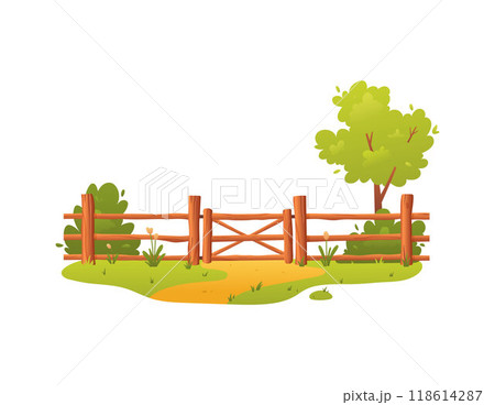 Wooden fence with gate wicket, vector garden brown timber barrier with grass and bushes, cartoon backyard lumber border 118614287