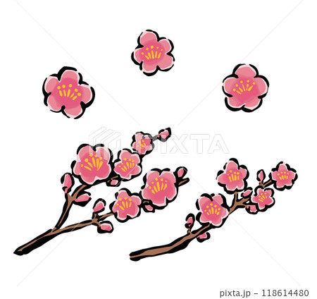 梅の花と梅の枝のあしらい　手書き和風の筆イラストセット 118614480