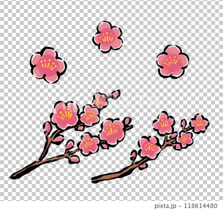 梅の花と梅の枝のあしらい　手書き和風の筆イラストセット 118614480