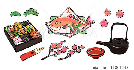 正月おせち料理、祝い鯛、お屠蘇の手書き和風イラストセット 118614483