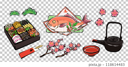 新年菜餚、慶祝鯛魚和 toso 的手寫日式插圖集 118614483