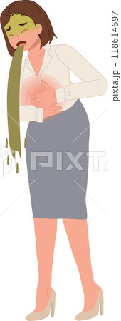 Sick woman vomiting and clutching stomach in severe pain, depicting illness, nausea, and abdominal distress. Sick woman vomiting and clutching stomach in severe pain, depicting illness, nausea, and abdominal distress. 118614697