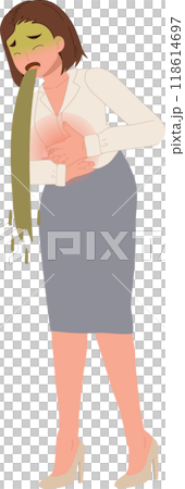 Sick woman vomiting and clutching stomach in severe pain, depicting illness, nausea, and abdominal distress. Sick woman vomiting and clutching stomach in severe pain, depicting illness, nausea, and abdominal distress. 118614697