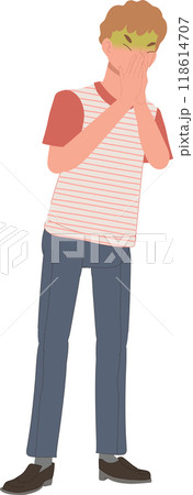 man with nausea feeling sick due to unpleasant odor stomach ache symptoms 118614707