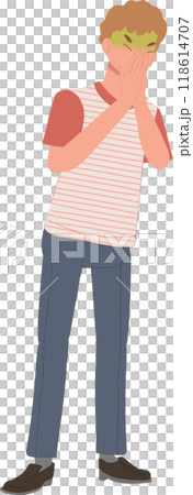 man with nausea feeling sick due to unpleasant odor stomach ache symptoms 118614707