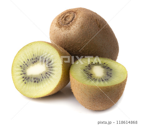 Kiwi fruit and cut isolated on a white background Kiwi fruit and cut isolated on a white background 118614868