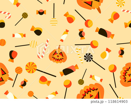 Pumpkins and candies seamless pattern. Halloween carved pumpkin with candies and lollipops. Jack-o-lantern, trick or treat. Design for wallpapers, wrappers, covers and banners. Vector illustration 118614903