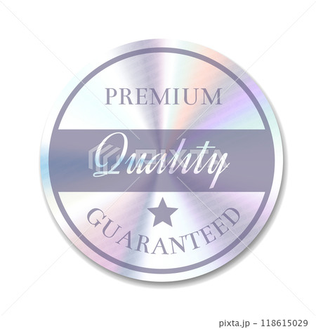 Holographic Sticker, Premium Edition Emblem. Neon Hologram Quality Tag. Neon Label with holographic effect icon symbol shape isolated on transparent background 118615029