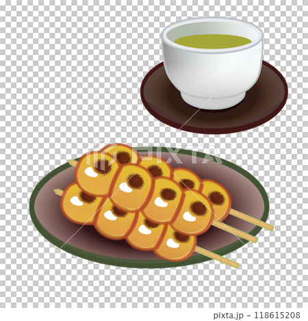 皿に乗った団子とお茶のイラスト 皿に乗った団子とお茶のイラスト 118615208