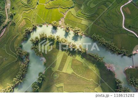 Aerial landscape in Quay Son river, Trung Khanh, Cao Bang, Vietnam with nature, green rice fields and rustic indigenous houses. 118615282