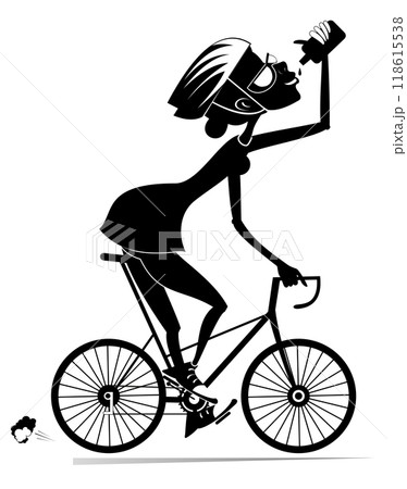 Young woman rides a bicycle. Cycling. Cartoon smiling woman in helmet drinking water. Black on white illustration Young woman rides a bicycle. Cycling. Cartoon smiling woman in helmet drinking water. Black on white illustration 118615538