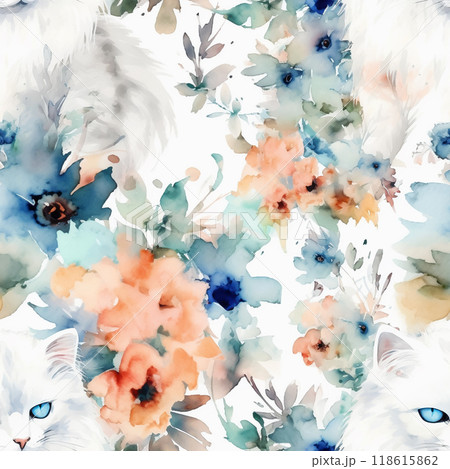 青い目の白猫と花柄のシームレスパターン 青い目の白猫と花柄のシームレスパターン 118615862