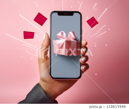 プレゼントが表示されているスマホのイメージ素材 118615946