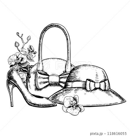 A woman's handbag, a hat, high-heeled shoes and orchid flowers. Black and white vector graphics made by hand. Illustration on a white background. For packages and labels, flyers, posters, banners. A woman's handbag, a hat, high-heeled shoes and orchid flowers. Black and white vector graphics made by hand. Illustration on a white background. For packages and labels, flyers, posters, banners. 118616055