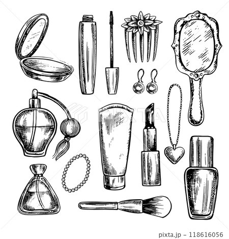 A set of clip art with cosmetics, powder, mascara, lipstick, cream, perfume, etc.. Black and white vector graphics made by hand. Illustrations on a white background. For packages and labels, flyers. 118616056