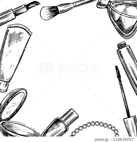 A frame with cosmetics, powder, mascara, lipstick, cream, perfume. Black and white vector graphics made by hand. On a white background. For postcards, packages and labels, flyers, posters and banners. 118616057