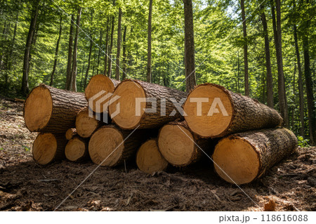 Stack of Cut Logs in Forest. Logging Industry 118616088