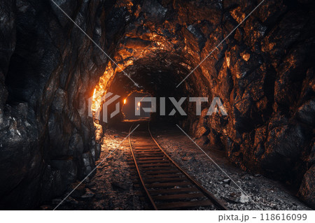Underground Coal Mining Tunnel with Equipment and Narrow Gauge Railroad Tracks 118616099