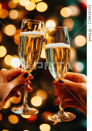 Two people are holding glasses of champagne blurred festive background 118616101