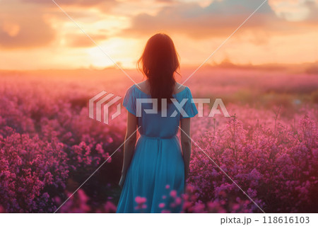 Woman in blue dress walking through flower field at sunset 118616103