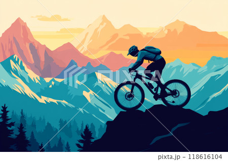 Illustration of cyclist silhouette riding mountain bike inmountains 118616104