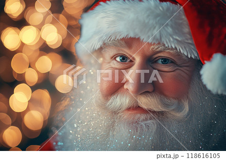 Close-up portrait of Santa Claus smiling with festive lights in background 118616105