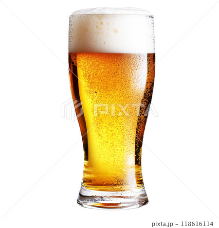 Glass of cold lager beer with foam and bubbles on white background 118616114