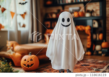 Child wearing ghost costume standing in living room decorated for Halloween 118616119