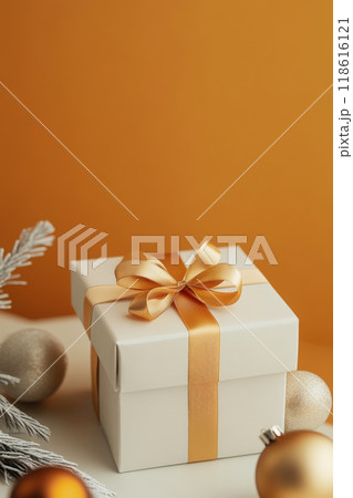 White gift box with gold ribbon and holiday decor 118616121