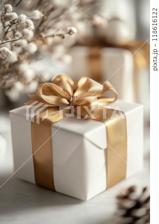 White gift boxes with gold ribbon bow 118616122