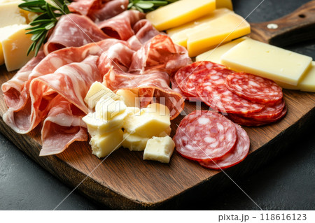 Wooden platter with prosciutto, salami and cheese 118616123