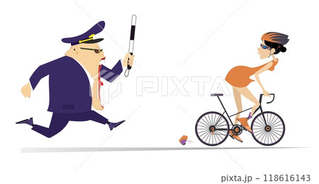 Angry traffic policeman running after cyclist woman. Frightened cycling woman trying to ride away from the shouting angry traffic policeman. Isolated on white Angry traffic policeman running after cyclist woman. Frightened cycling woman trying to ride away from the shouting angry traffic policeman. Isolated on white 118616143