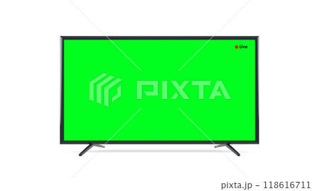 Realistic mock up LCD Television with live sign, green screen display, isolated on white background. Realistic mock up LCD Television with live sign, green screen display, isolated on white background. 118616711