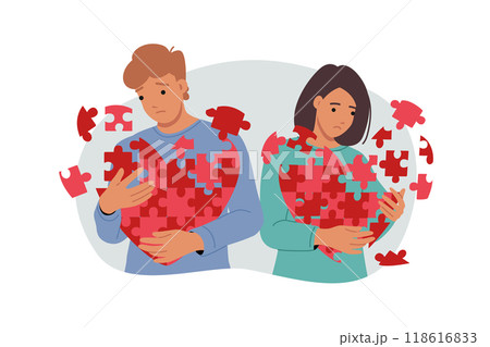 Relationship problems for romantic couple feeling death of love and holding disintegrating hearts 118616833