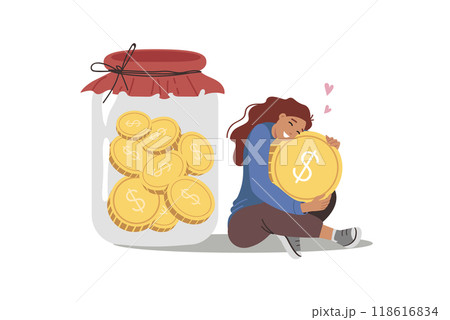 Woman saves and accumulates money to achieve financial security, sits near large jar of coins 118616834