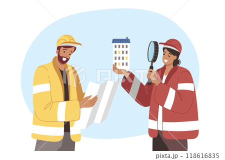 Builder and architect or engineer demonstrate teamwork by holding construction drawings 118616835