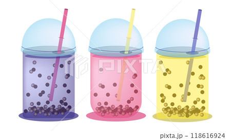 Delicious bubble tea milk drink with floating tapioca in transparent cups on white background,  tea drink consisting of milk tea and fruit juice with the addition of tapioca balls in plastic glass 118616924
