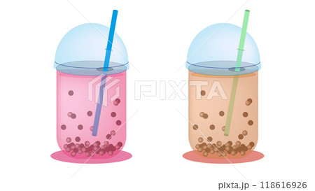 Tasty milk bubble tea in glass on white background, Bubble tea with different fruit flavors in cups with colorful straws, milk tea with tapioca, bubble boba milk tea cups Tasty milk bubble tea in glass on white background, Bubble tea with different fruit flavors in cups with colorful straws, milk tea with tapioca, bubble boba milk tea cups 118616926