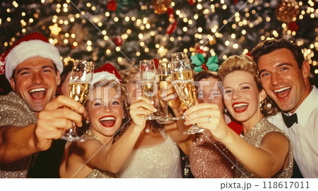Group portrait of young people dressed vintage style attire with champagne and clinking looking at camera against garlands. 118617011
