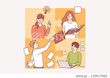 Successful team of friendly people who form single puzzle thanks to synergy and collaboration Successful team of friendly people who form single puzzle thanks to synergy and collaboration 118617060
