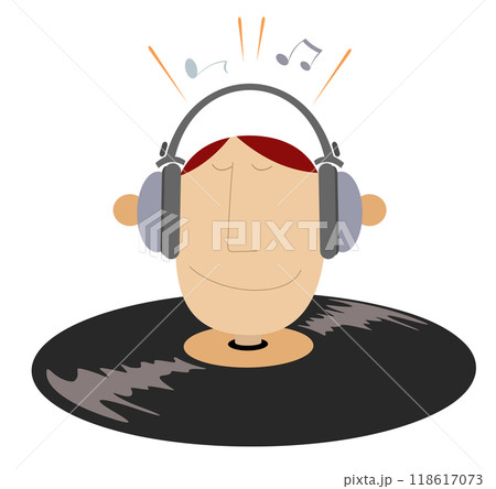 Head with headphones on and long record player. Head with headphones on the long record player. Isolated on white background	 118617073