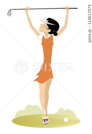 Golfer woman on the golf course. Golf course. Pretty young golfer woman holding a golf club. Isolated on white background	 118617074
