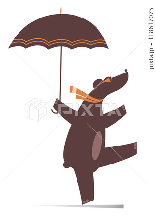 Funny bear with an umbrella illustration. Rain. Cheerful cute bear holding an umbrella. Isolated on white background	 118617075