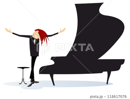 Pianist stands near a piano. Pianist stands near a piano and bows to the audience. Isolated on white	 118617076