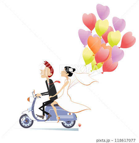 Happy married wedding couple rides on the scooter. Happy married wedding couple rides on the scooter with a lot of air balloons. Isolated on white background 118617077