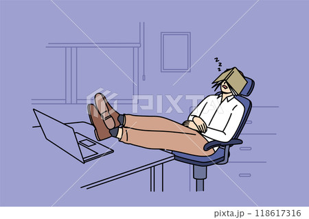 Man sleeps sitting in office and with legs on desk, covering face with diary, demonstrating laziness Man sleeps sitting in office and with legs on desk, covering face with diary, demonstrating laziness 118617316