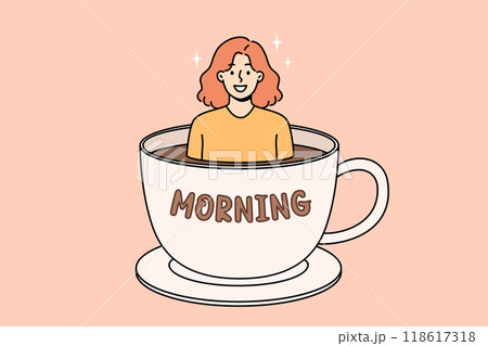 Hot morning coffee in large cup with happy woman looking out of drink for boost of energy 118617318